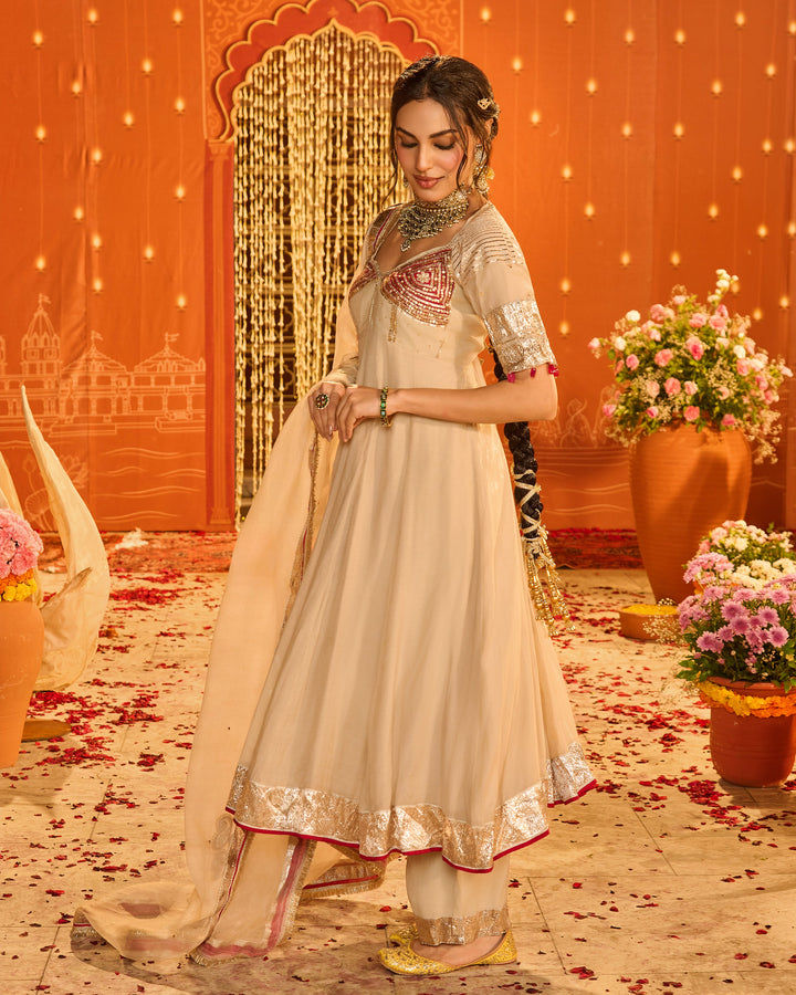 Navdurga Beige Embroidered Chanderi Aangi Suit Set