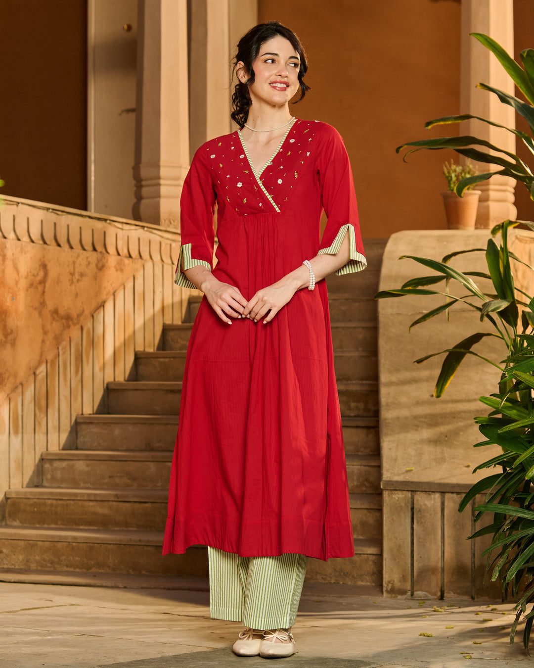 Alix Red Embroidered Cotton Kurta Set