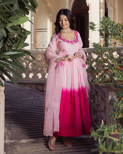 Sweetheart Pink Ombre Embroidered Chanderi Suit Set