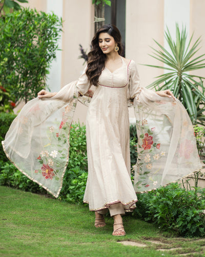 Kamini Beige Handpainted Chanderi Suit Set