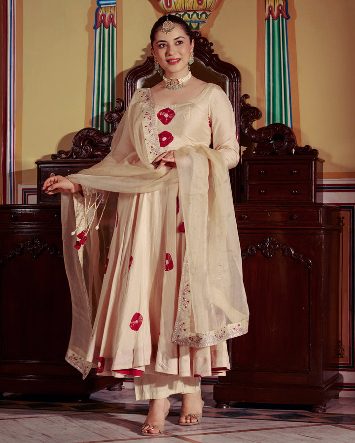 Sharada Beige Bandhani Muslin Suit Set