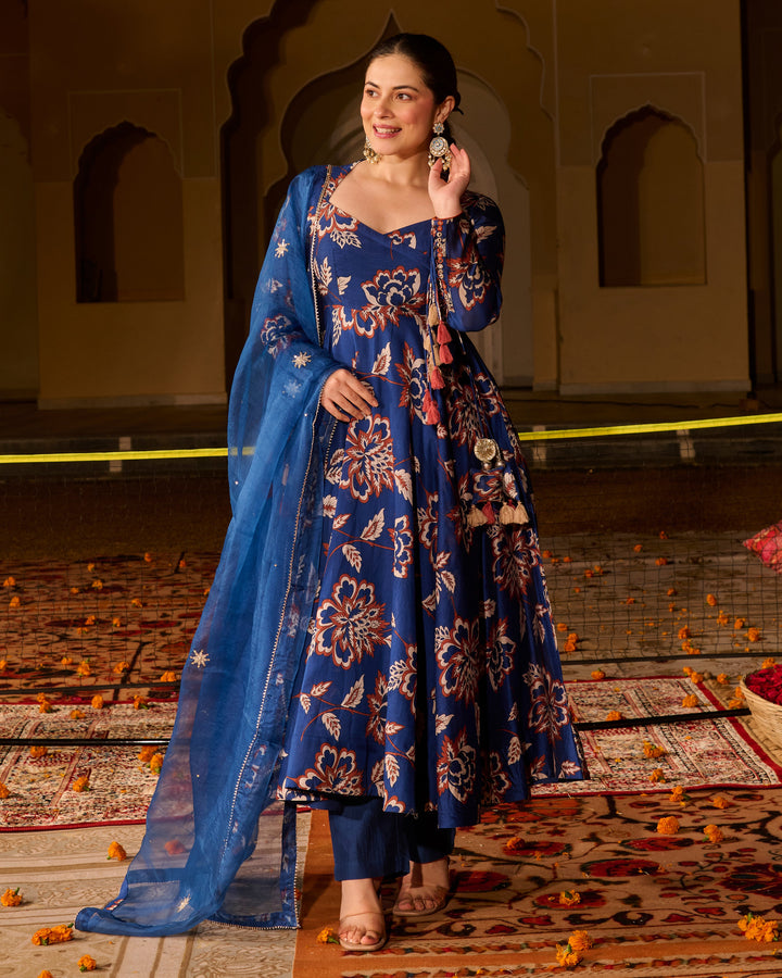 Saba Blue Printed Chanderi Suit Set