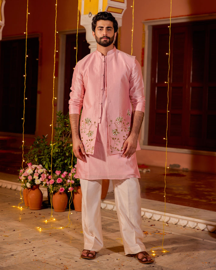 Ruhansh Pink Chanderi Embroidered Jacket And Kurta Set
