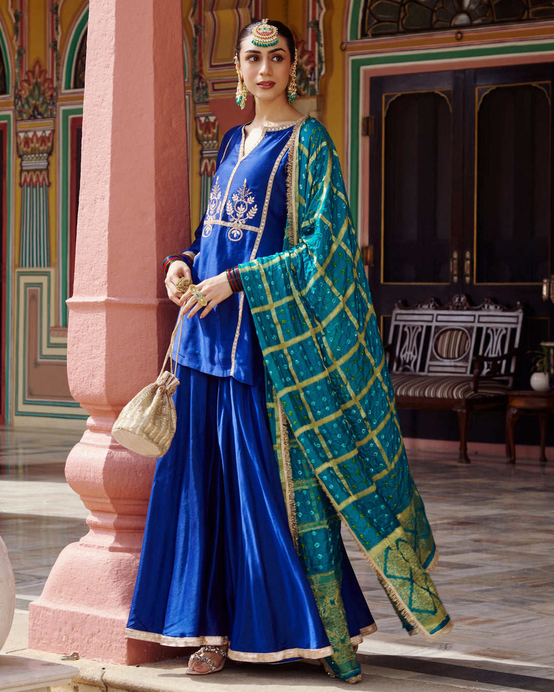Ishani Blue Embroidered Chanderi Suit Set
