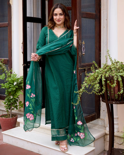 Tulsi Bottle Green Handpainted Chanderi Suit Set