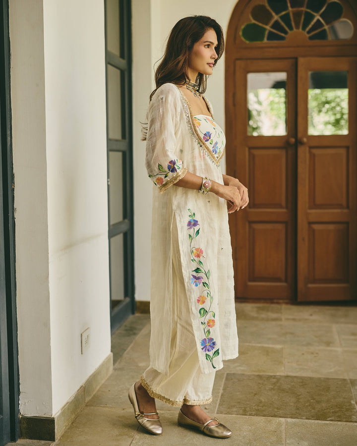Alekha Cream Handpainted Cotton Checks Coord Set