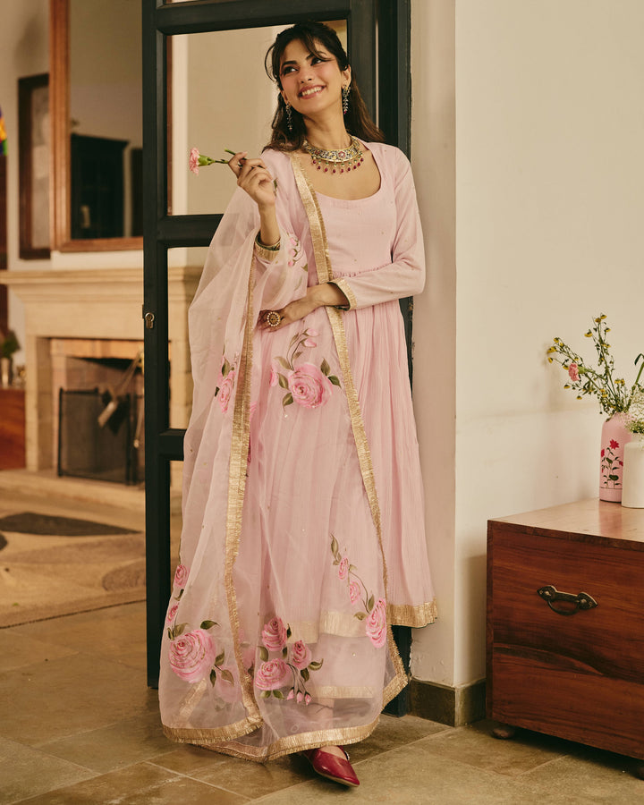 Varnya Pink Handpainted Crushed Cotton Suit Set