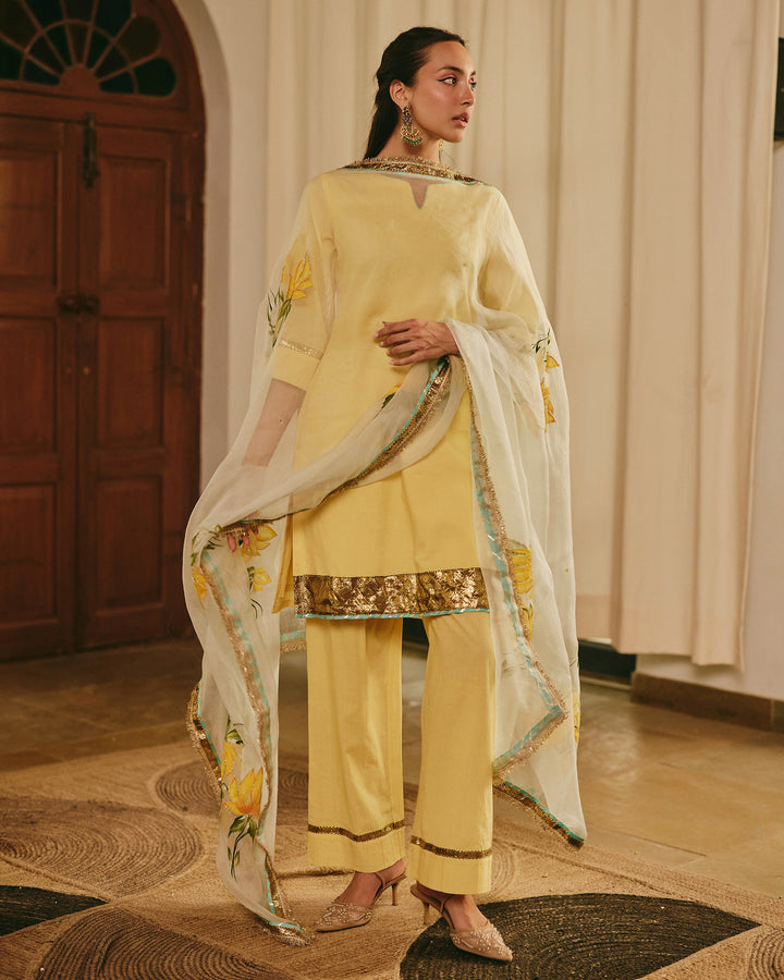 Vara Yellow Handpainted Cotton Suit Set