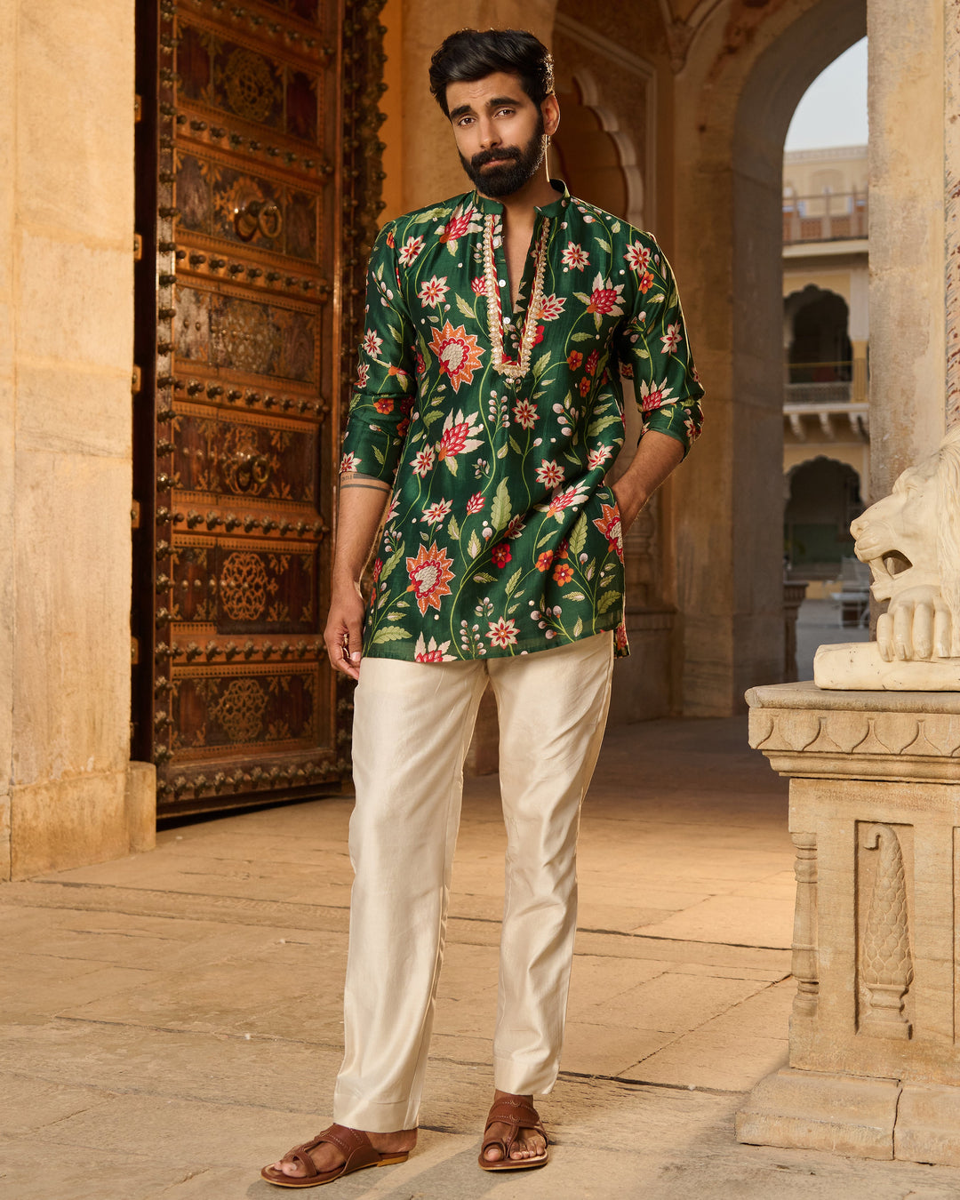 Ayaan Green Printed Chanderi Kurta