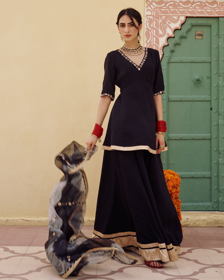 Indu Black Embroidered Chanderi Suit Set