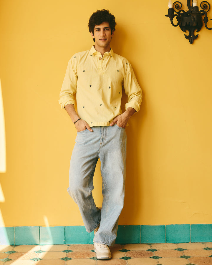Teyo Yellow Embroidered Cotton Checks Printed Shirt