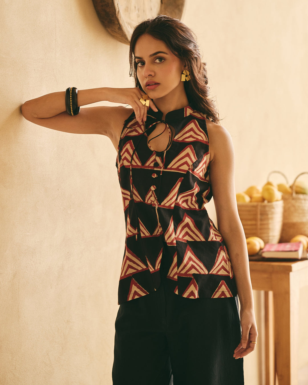 Kaile Black And Beige Cotton Printed Coord Set