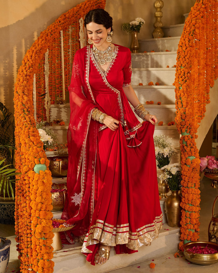 Mehka Red Solid Satin Lehenga Set