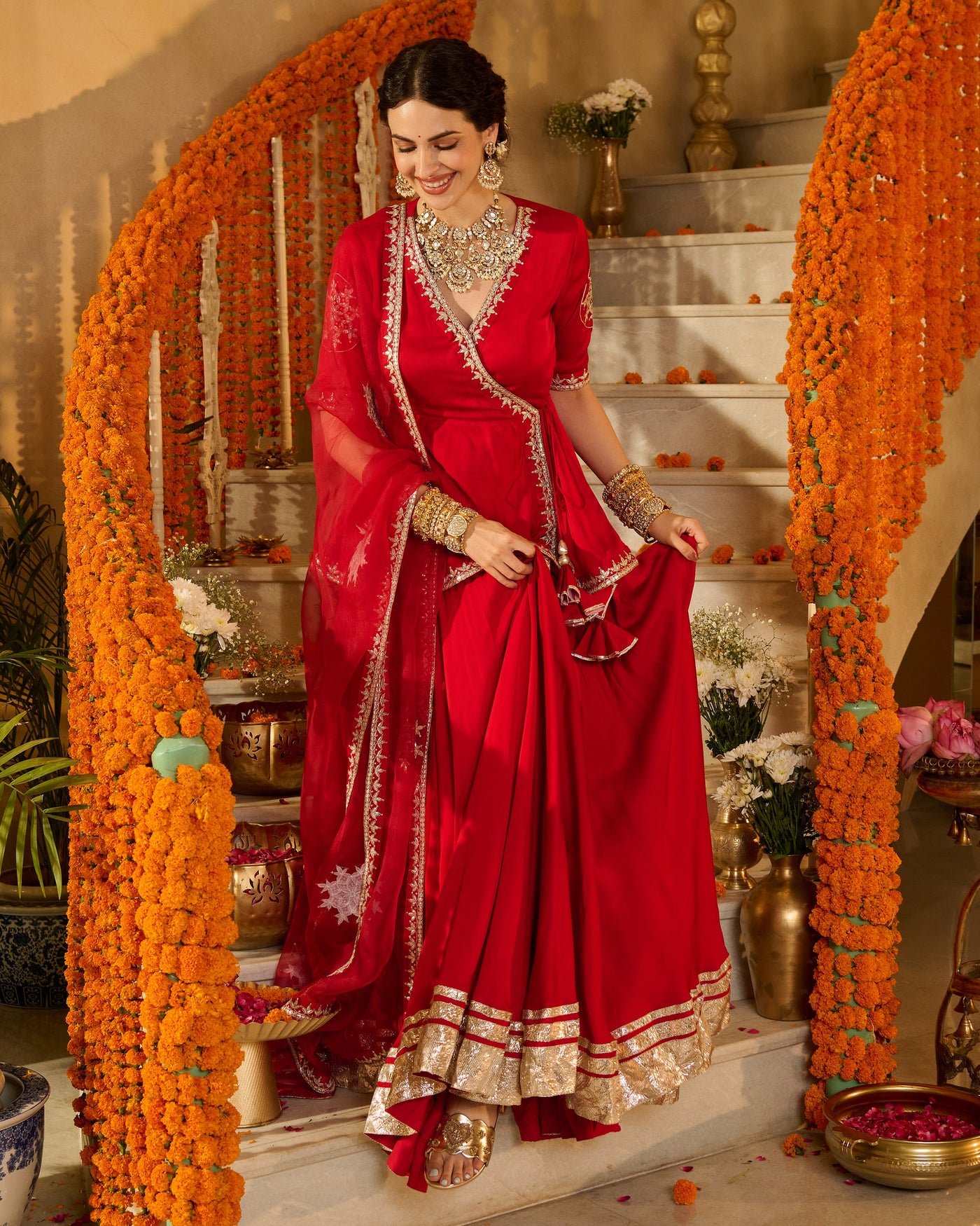 Mehka Red Solid Satin Lehenga Set