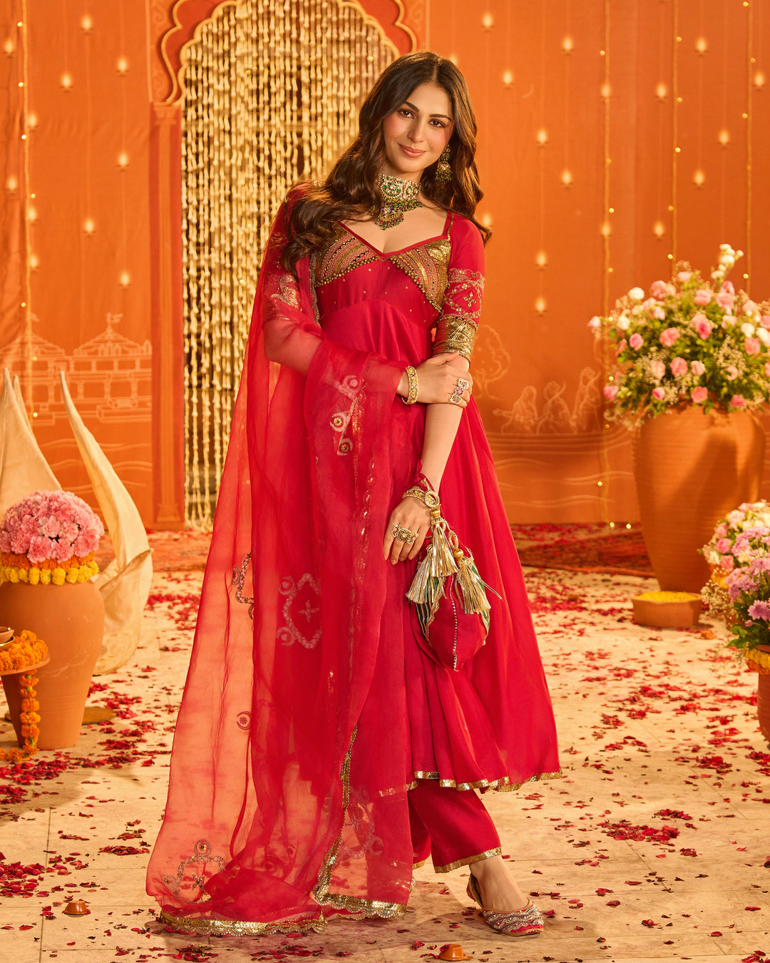 Kamalnayani Pink Embroidered Chanderi Aangi Suit Set