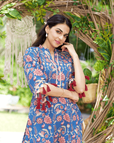 Kayra Blue Printed Cotton Kurta Set