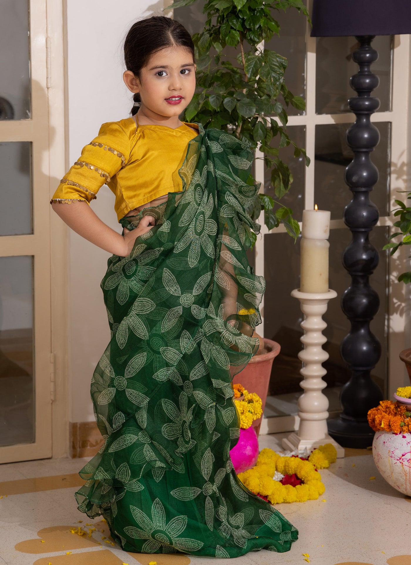 Dua Green Bandhani Organza Pre Draped Saree