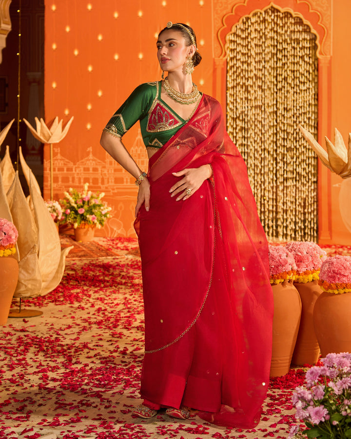 Inayat Green Embroidered Chanderi Aangi Blouse And Saree