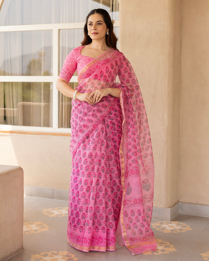 Rose Pink Doria Printed Saree