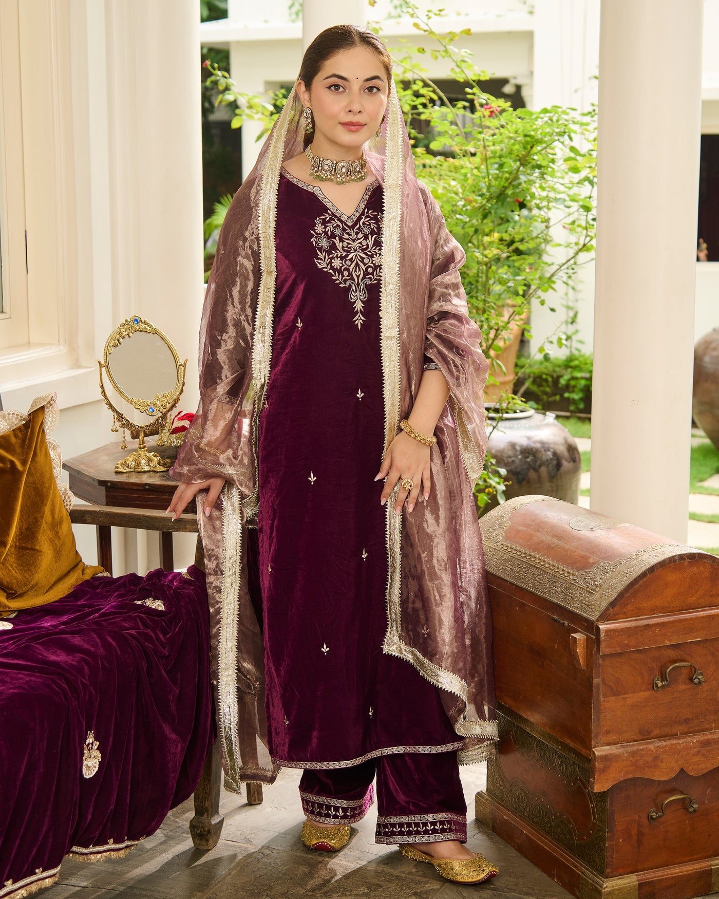 Yug Purple Embroidered Velvet Suit Set