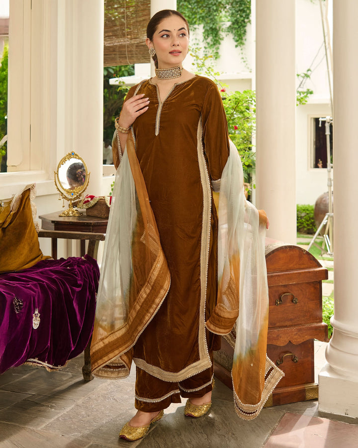 Shaili Mustard Solid Velvet Suit Set