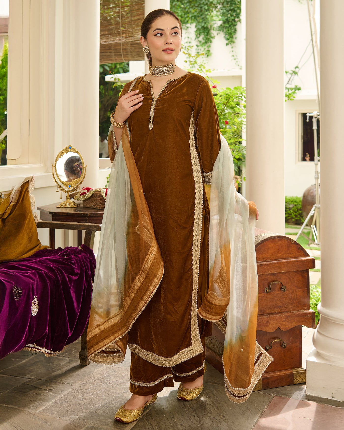 Shaili Mustard Solid Velvet Suit Set