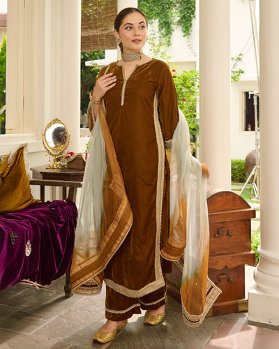 Shaili Mustard Solid Velvet Suit Set