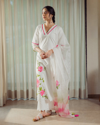 Poise White Handpainted Cotton Suit Set
