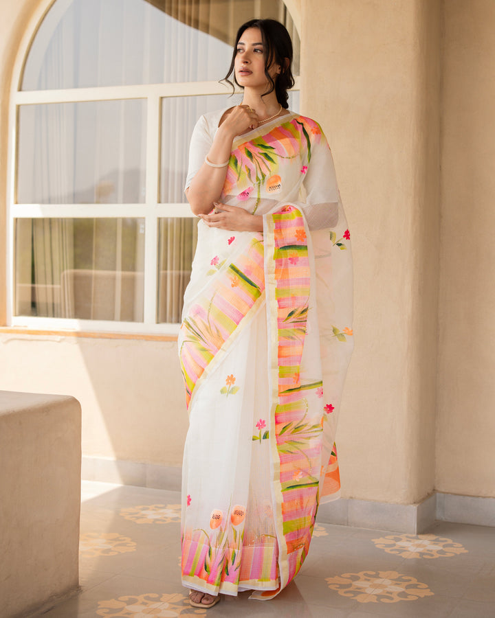 Zarmina White Doria Handpainted Saree