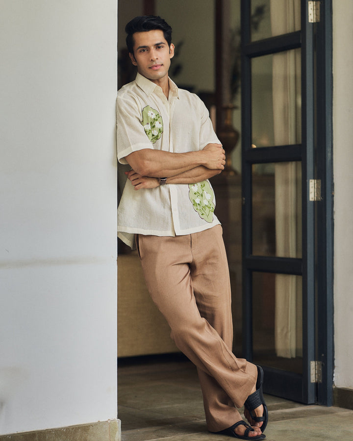 Sahil Off White Cotton Dobby Handpainted Shirt