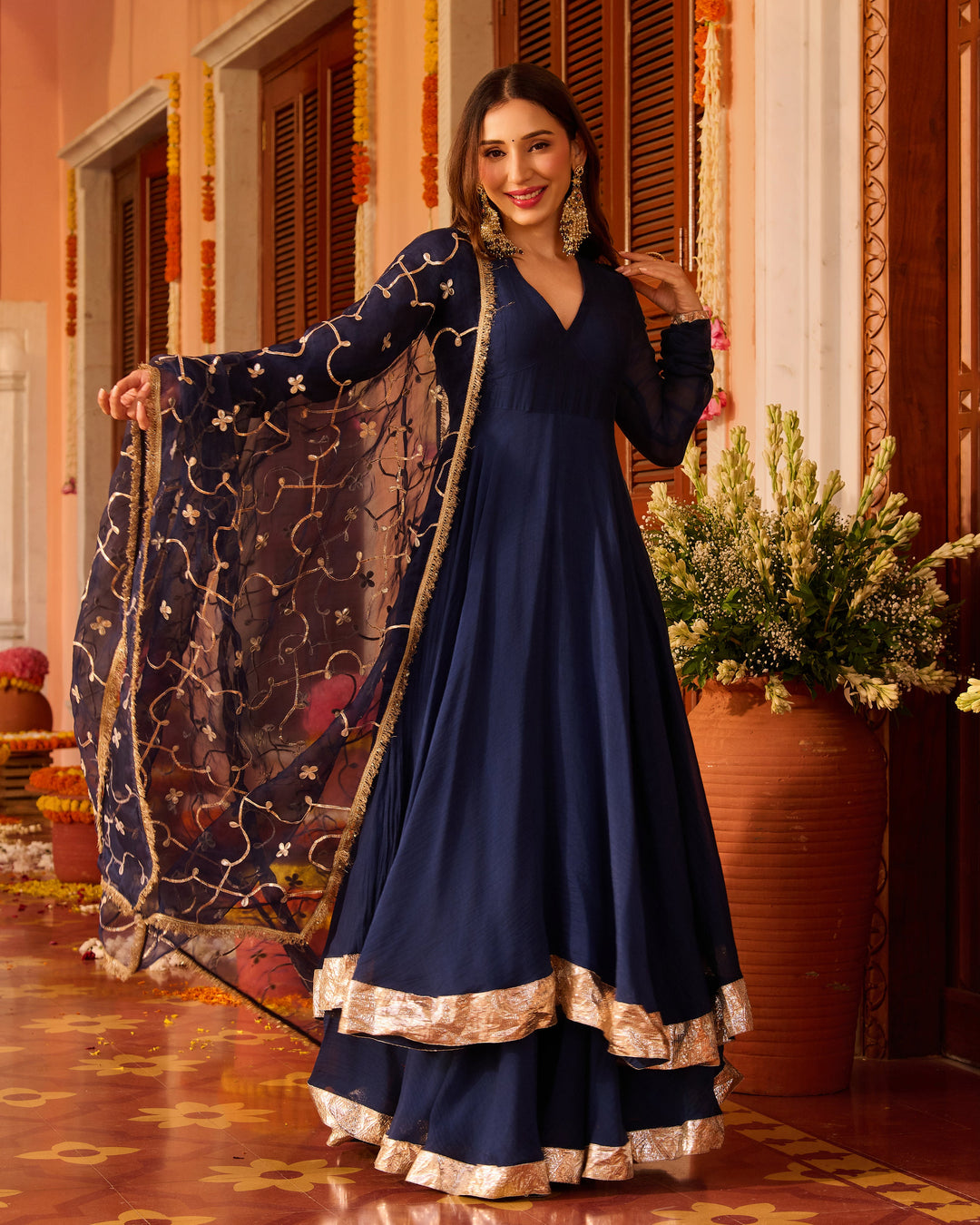 Jyotika Blue Embroidered Chanderi Suit Set
