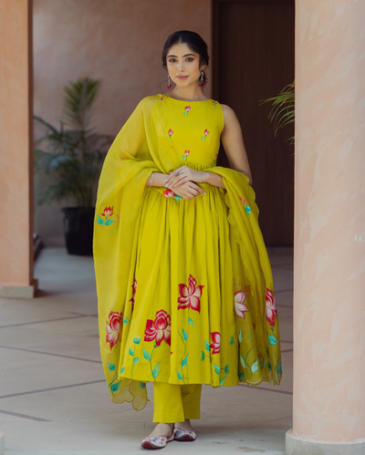 Sorbet Lime Green Handpainted Cotton Suit Set