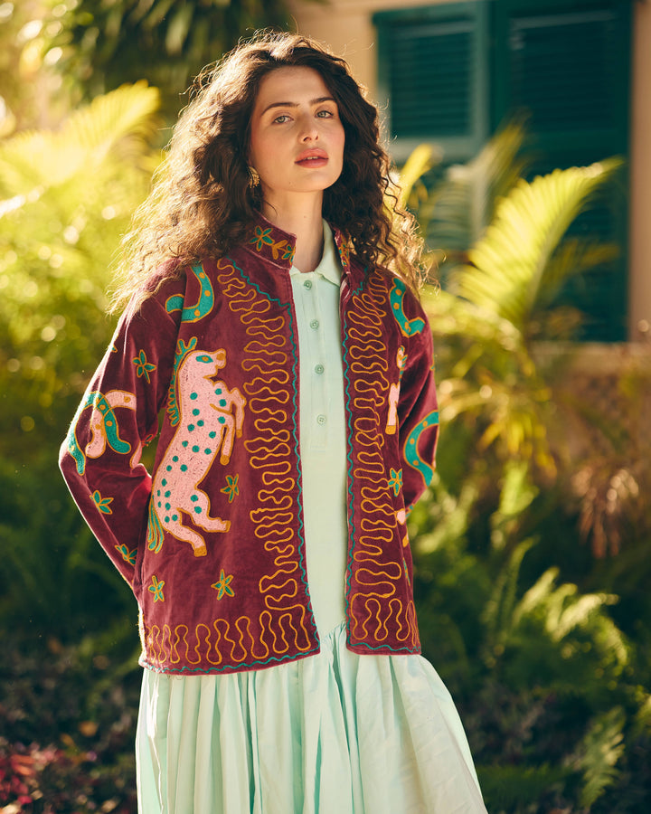 Burgessa Maroon Velvet Suzani Jacket