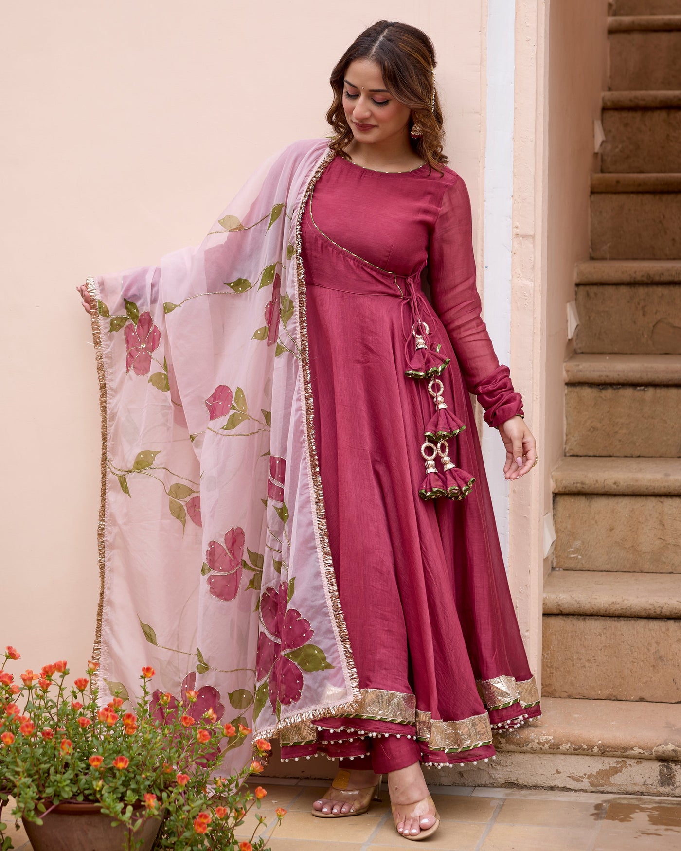 Gulmohar Wine Handpainted Chanderi Suit Set