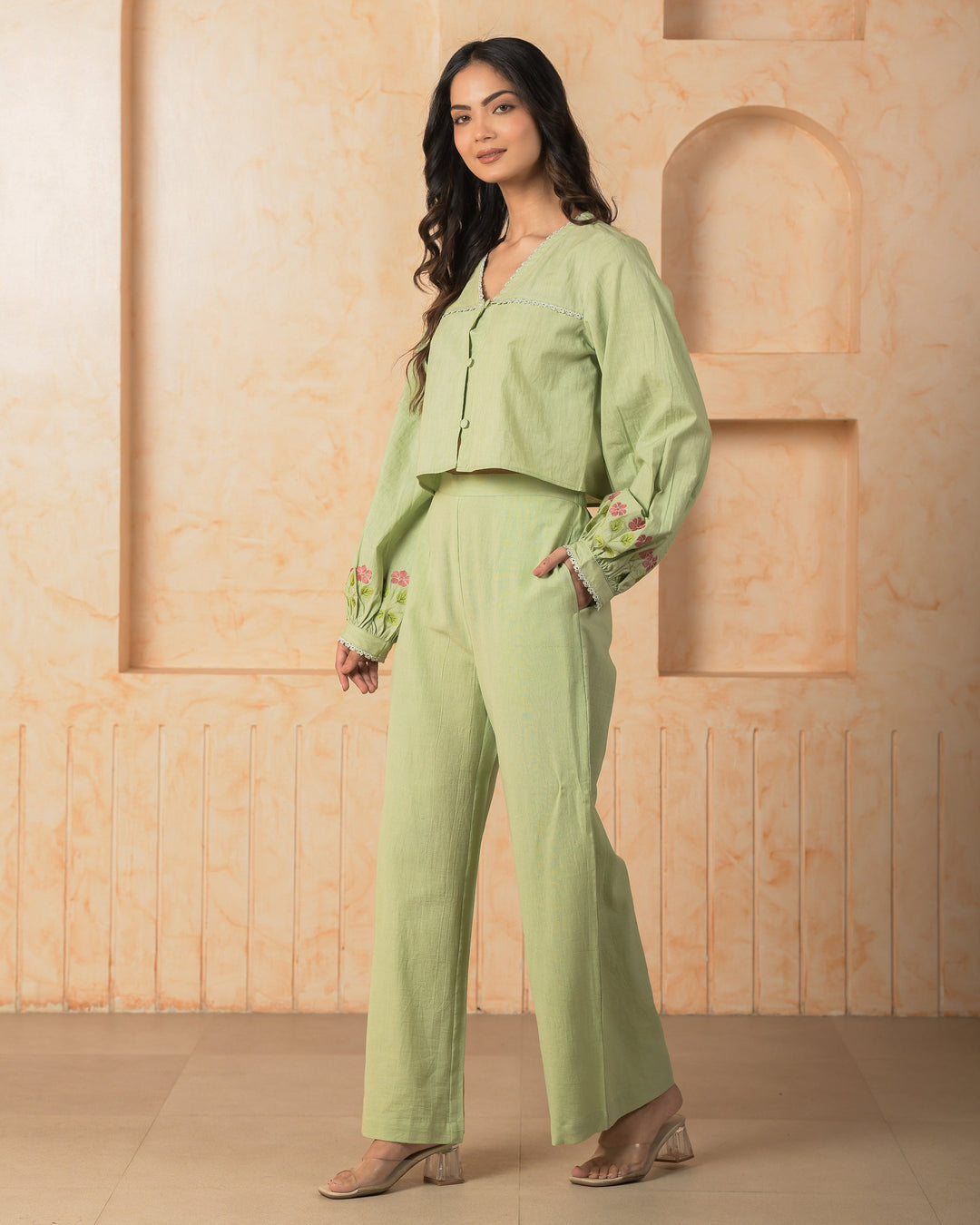 Oriel Green Embroidered Cotton Coord Set