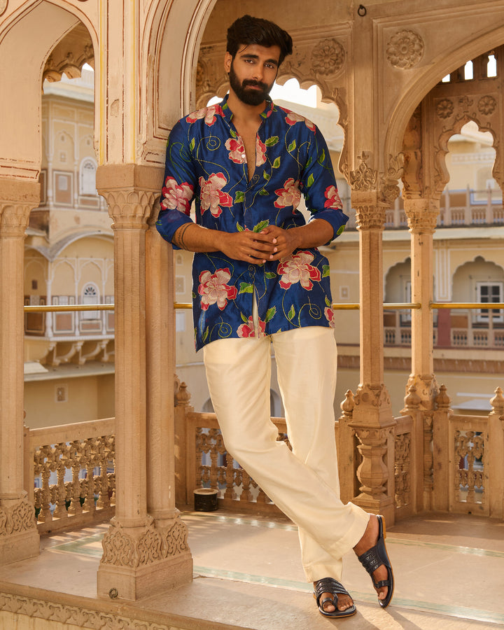 Kabir Blue Printed Chanderi Kurta