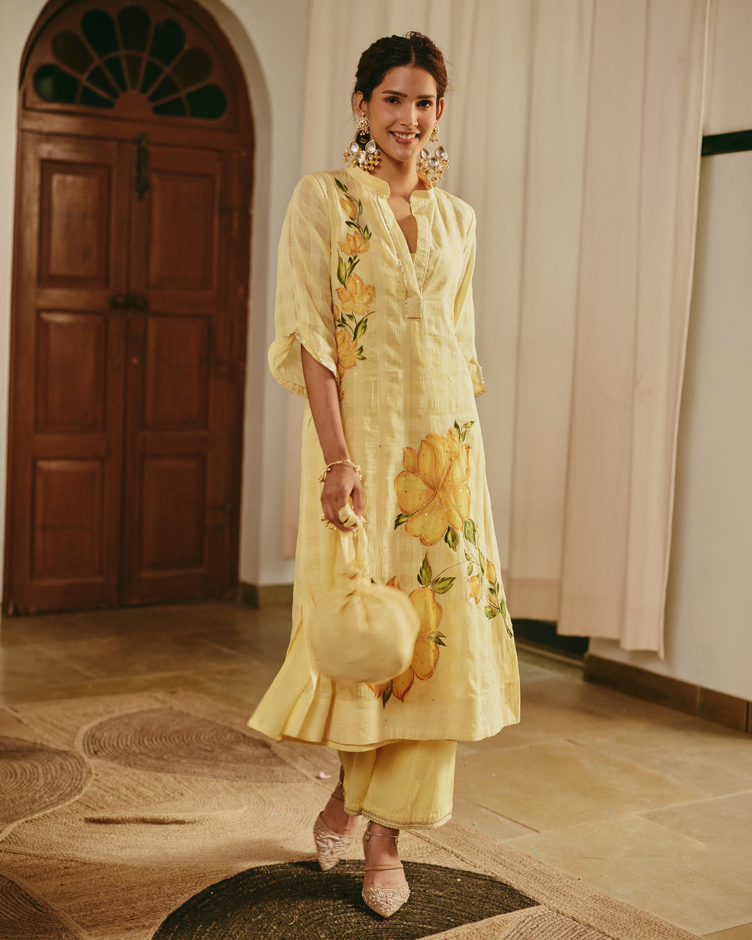 Zivya Yellow Handpainted Cotton Checks Coord Set