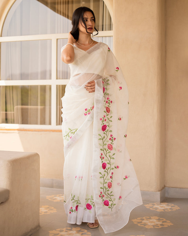 Safed White Doria Embroidered Saree