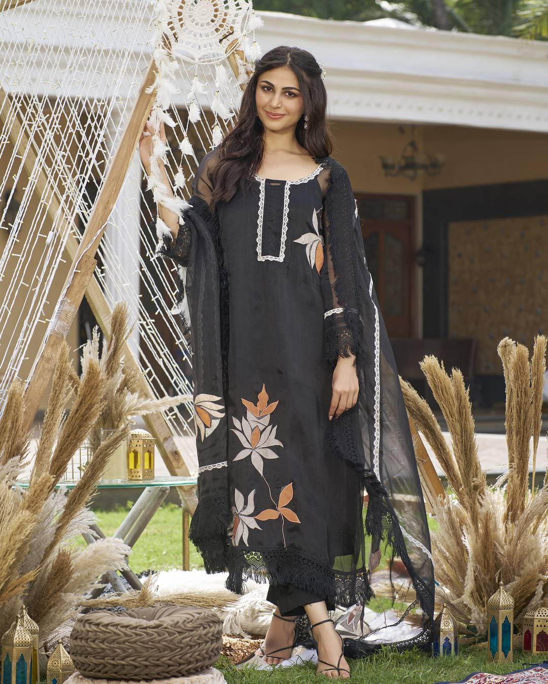 Vrutti Black Applique Organza Kurta Set