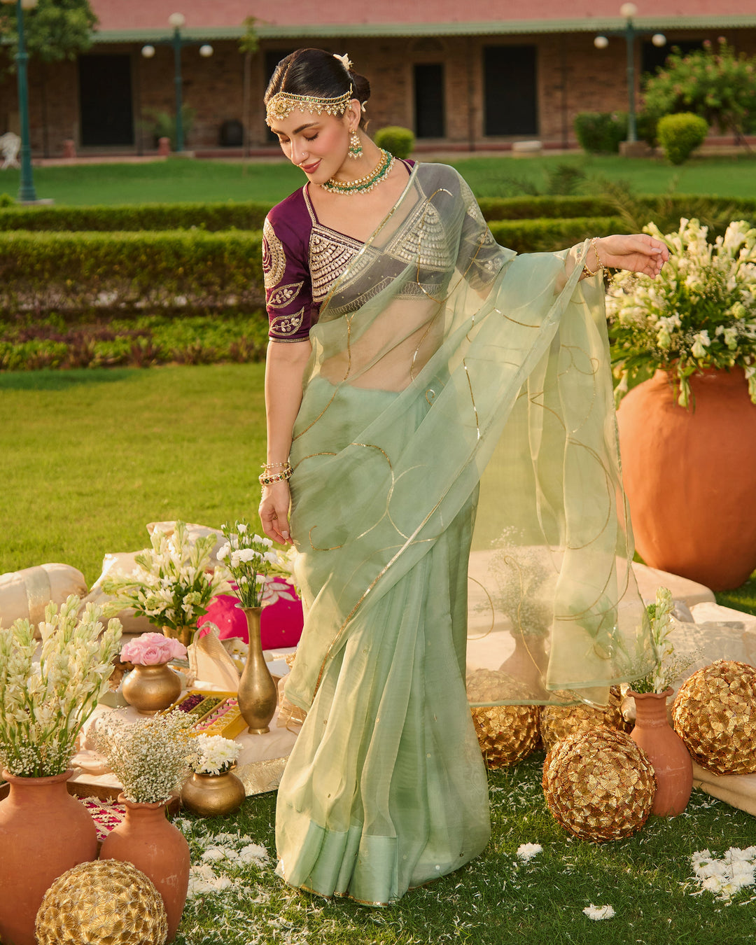 Surmayi Purple Embroidered Satin Aangi Blouse And Saree
