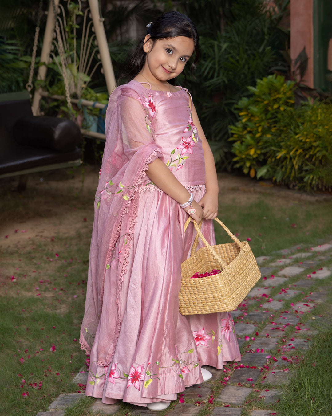 Koko Powder Pink Handpainted Chanderi Lehenga Set