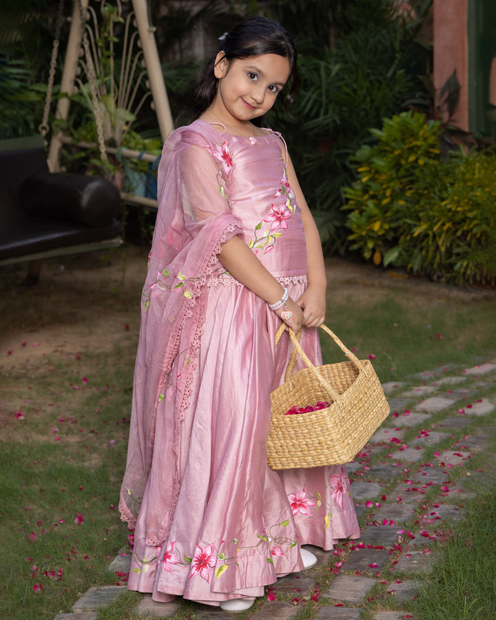 Koko Powder Pink Handpainted Chanderi Lehenga Set