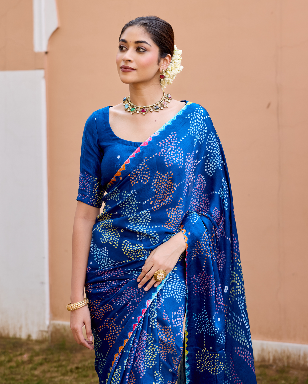 Mohini Blue Gajji Silk Bandhej Saree