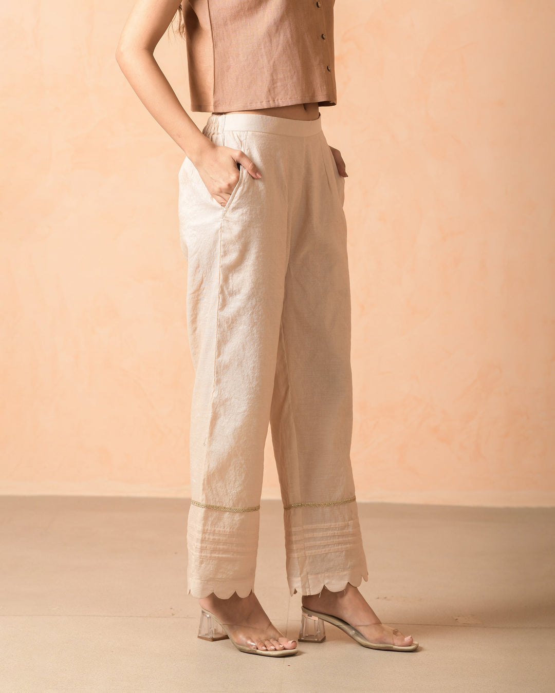Arisya Beige Chanderi Solid Straight Pants