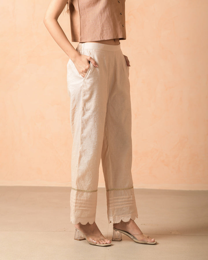 Arisya Beige Chanderi Solid Straight Pants