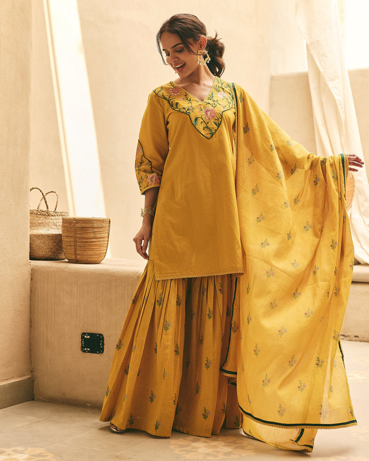 Sima Mustard Cotton Printed Sharara Set