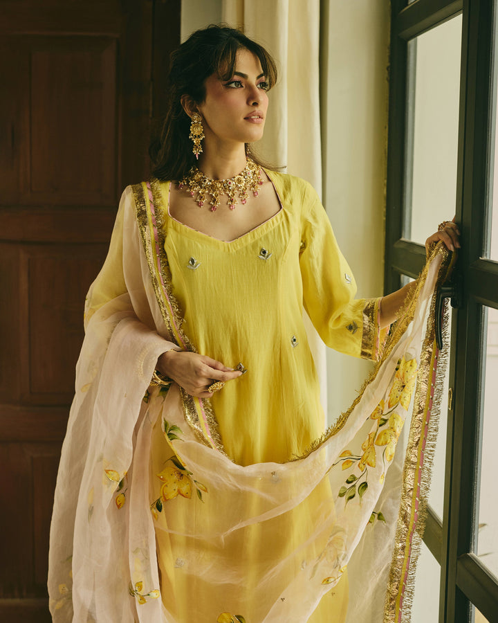Chitriya Yellow Handpainted Chanderi Suit Set