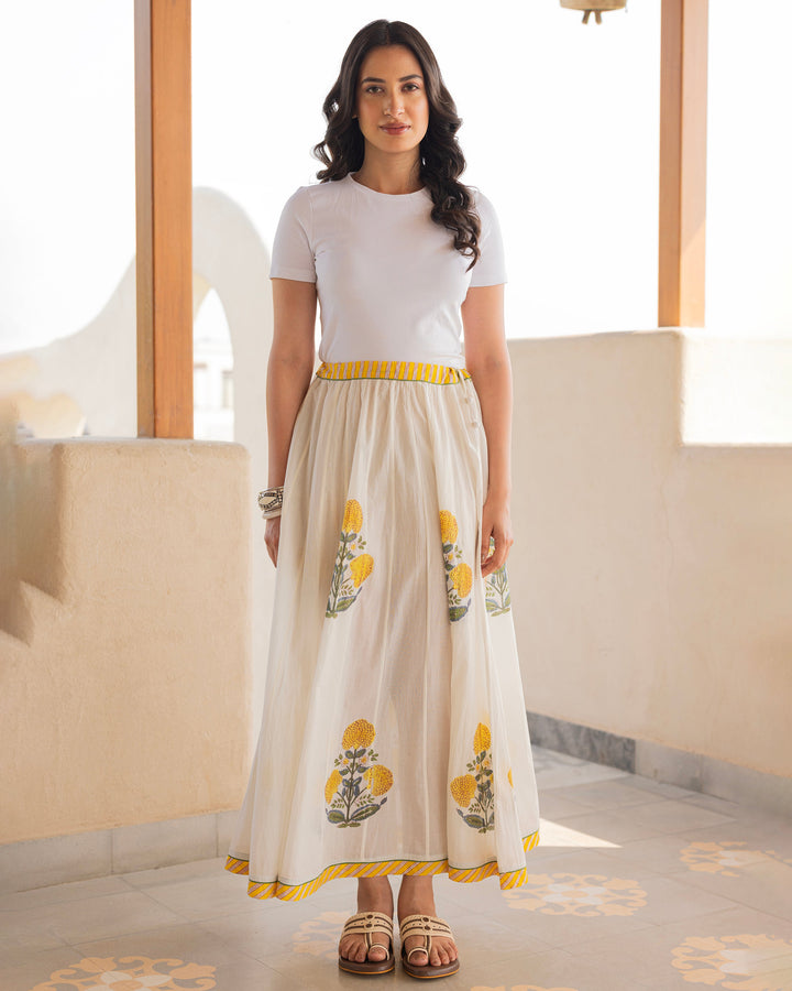 Noraya Off White Printed Cotton Skirt