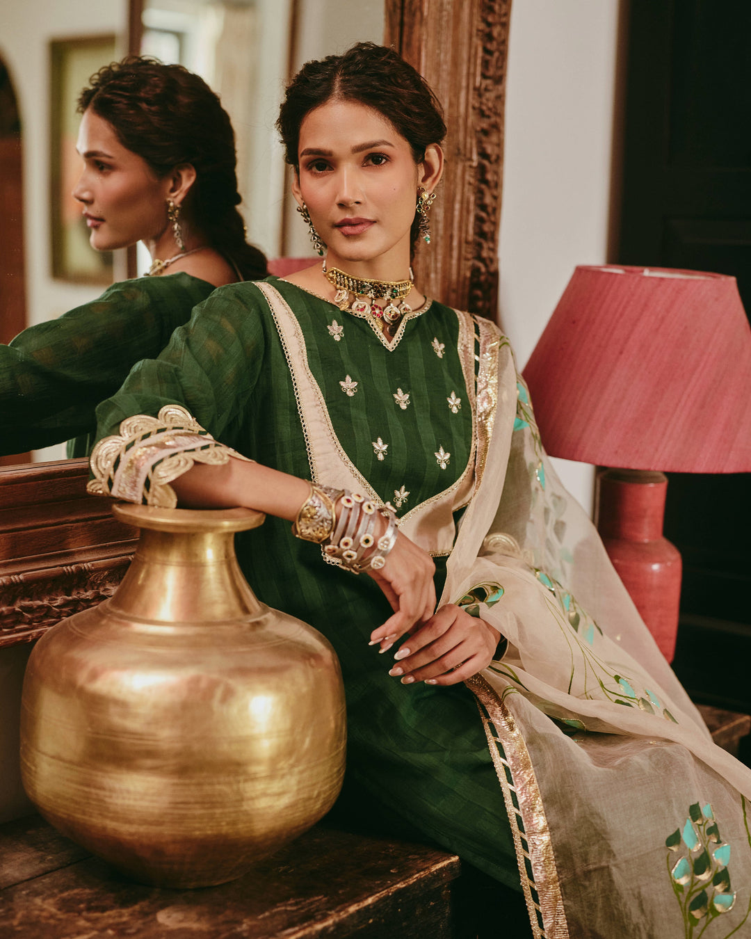 Rangita Green Handpainted Cotton Checks Suit Set