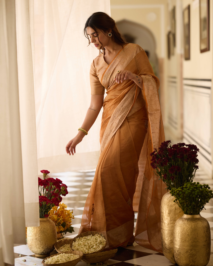 Kiranika Orange Handcrafted Tissue Saree